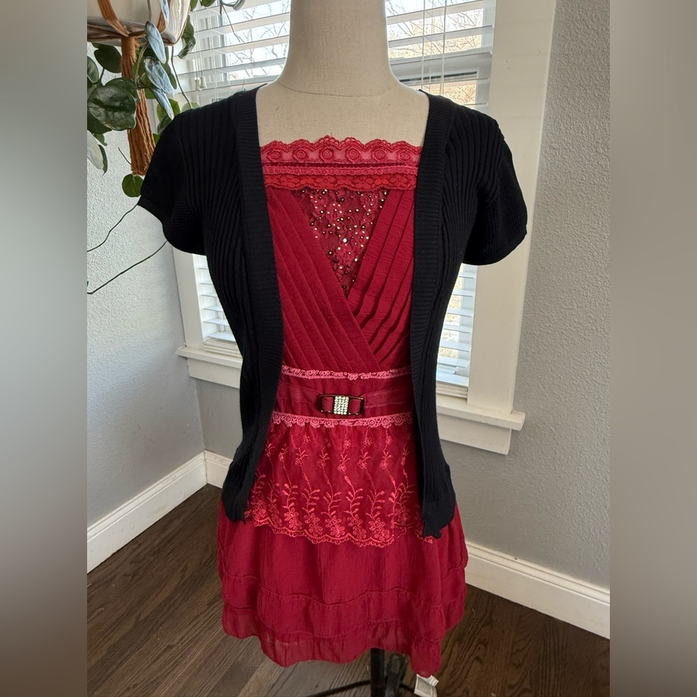Whimsigoth Faux Cardigan with Red Pleated Chiffon and Lace Size Medium